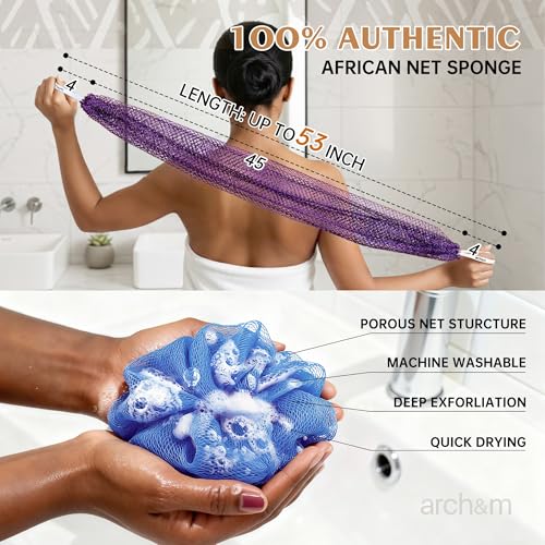 African Net Sponge Authentic Exfoliating - Exfoliating Body Scrub Bath Sponge Back Scrubber Washcloth for Shower Toiletry Bag Real Afroscrub Exfoliator Bathing Care Accessories Purple + Pink ARCH&M