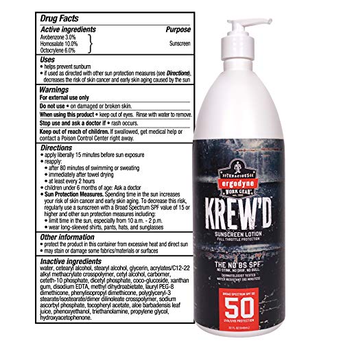 Ergodyne KREW'D 6355 Sunscreen Lotion, Broad Spectrum SPF 50, Water Resistant, 32 oz, 4-Pack, White