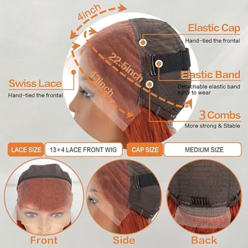 13x4 Orange Ginger Lace Front Wigs Human Hair Pre Plucked Body Wave Wig Brazilian Colored Human Hair Wigs for Black Women Invisible Transparent Lace Frontal Wigs 180% Density (28 Inch)