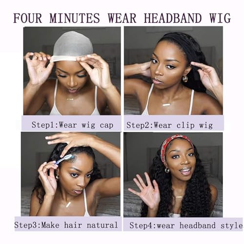 AEDNX Headband Wig Human Hair Curly Wigs for Black Women 26 inch Wigs Human Hair Glueless Wear and Go None Lace Front Wig Headband Wigs Machine Made 150% Density Natural Color
