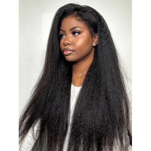 ISEE Glueless Wigs Human Hair Kinky Straight Pre Plucked Pre Cut, 9X6 M Cap HD Lace Closure 180% Density, No Glue, Reay to Wear Wig for Beginner, Natural Color (Kinky Straight, 18 Inch)