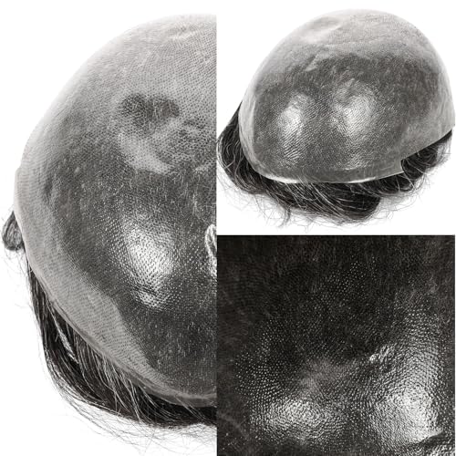 Men Toupee Hair System Human Hair Replacement For Men 0.04mm Ultra Thin Skin Toupee For Men V-looped Hair Piece (220# Darkest Brown with 20% Grey, 8x10"-100% Light Med-Light Density)