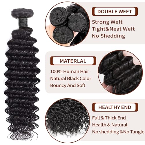 Deep Wave Bundles Human Hair Brazilian Virgin Hair Weave 4 Bundles Deep Curly 12A Grade Unprocessed Human Hair Extensions Natural Black 100g/pc 20 22 24 26 Inch