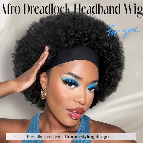 Quick Wig Afro Headband Wig Natural Black Short Afro Kinky Curly Wigs with Headbands Attached Glueless Synthetic Wear and Go for Black Women Fluffy Bouncy Afro Wigs for Daily Party