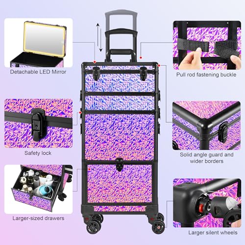Rolling Makeup Case with Lighted Mirror, Makeup Train Case with Large Drawer, Cosmetology Case, Travel Makeup Organizers, Professional for Salon Barber, Nail, Tattoo, Multicolor Purple