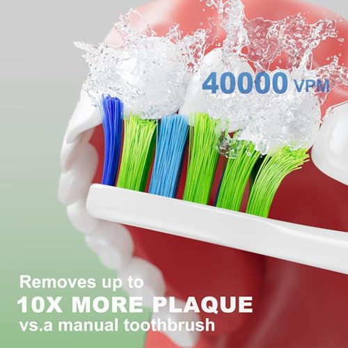 7AM2M Sonic Electric Toothbrush for Adults and Kids, 40000VPM Power Toothbrushes, Fast Rechargeable with 4 Brush Heads, 5 Modes, 2 Minutes Built in Smart Timer, One Charge for 60 Days (Green)