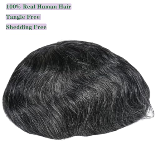 HD Lace Men¡¯s Toupee 8x10 Inch 100% European Virgin Human Hair 6 Inch Length Medium Light Density Hair System for Men 1B Black with 20% gray hair