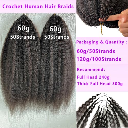 Kinky Straight Feather Crochet Human Hair Extension Yaki Wave Pre Separated Knotless Crochet Hair Micro Bundles With Loop For Reusable Boho Braids 18Inch 120g 100Strands