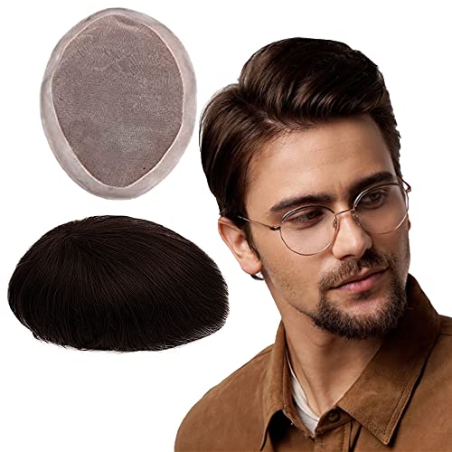 Toupee for Men 8¡±x10¡± European Virgin Human Hair Replacement Systems Men¡¯s Hairpiece Mono Lace Top with Durable PU Around Medium Light Density #2 Darkest Brown Color