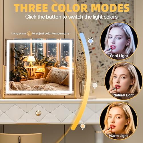 Vanity Mirror with Lights, 26'' x 22'' Lighted Makeup Mirror, Touch Screen with 3-Color Lighting, Dimmable for Vanity Desk Tabletop Square Gold