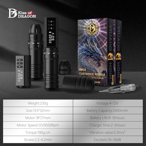 Tattoo Gun - Kiss of Dragon 2400mAh Rotary Tattoo Machine with 6 Adjustable Stroke Lengths, Coreless Motor Options Dual batteries for longer working time-Professional Tattoo Artis