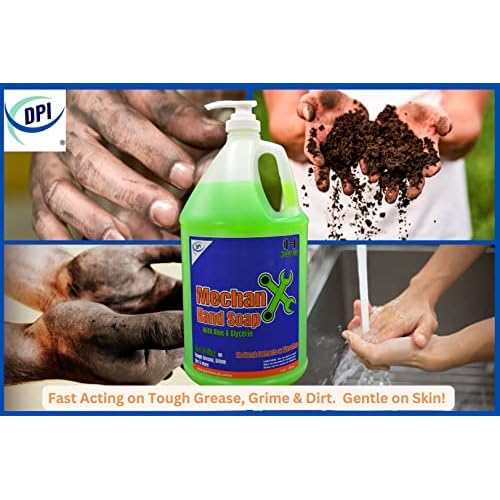 DPI MechanX Hand Soap, heavy duty, non abrasive, fast acting on grease, grime, and dirt. Gentle on hands, non drying or chapping for everyday use.. 1 Gallon with pump