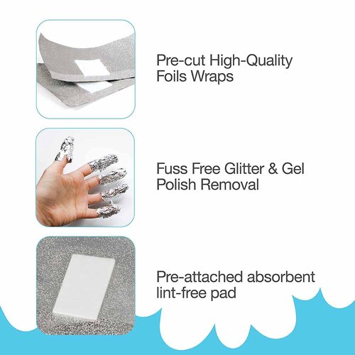 Flowery No Mess, No Fuss Disposable Foil Wraps, Pre-cut Soak-off, Gel, Glitter Nail Polish Remover, 250 wraps per pack