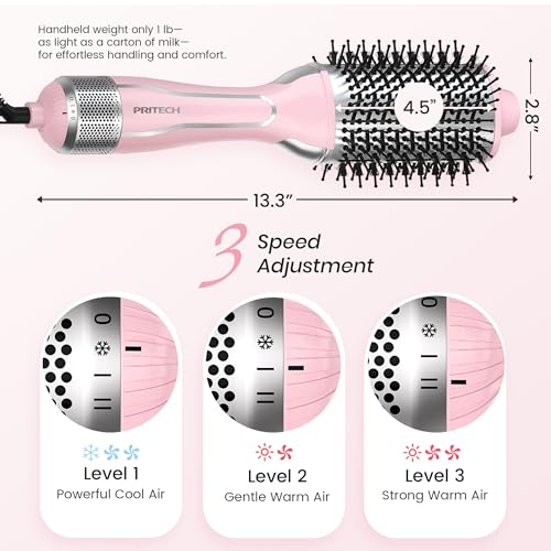 PRITECH 1000W Dual Voltage Ceramic Ionic Hair Dryer Brush,4-in-1 Hot Air Styler & One Step Volumizer for Straight & Curly Hair Salon (110-120V/220-240V),Blush Silver