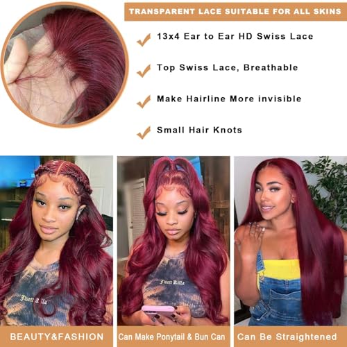 28 Inch 99J Burgundy Lace Front Wigs Human Hair Pre Plucked with Baby Hair 180% Density Glueless Wine Red Colored Body Wave Human Hair Wig 13x4 HD Transparent Lace Frontal Wigs for Women