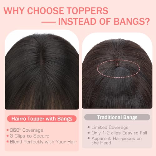 Hairro 100% Human Hair Toppers with Bangs, 360¡Æ Cover 3D Clips on Thin Hairpieces for Women, 3.15"x4.33" Silk Base Lightweight for Covering Greyish Hair on Top, 11 Inch Natural Black