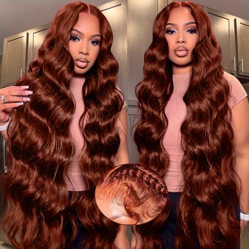 Reddish Brown Lace Front Wigs Human Hair Body Wave 13x6 HD Lace Front Wig Human Hair 180% Density Wear and Go Glueless Auburn Wigs Human Hair Pre Plucke Brown Wigs for Women 26 Inch