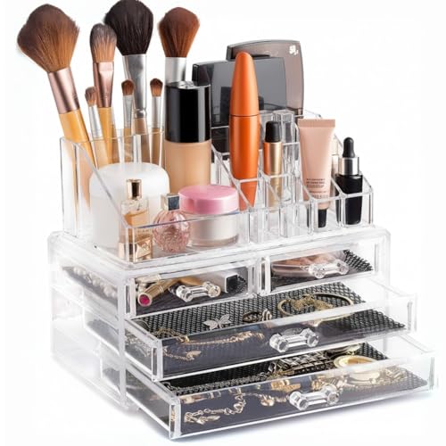 Masirs Clear Makeup Organizer - 16-Compartment Cosmetic and Jewelry Holder with 4 Drawers - Vanity Storage Box for Makeup, Skincare, Accessories, and Jewelry Display