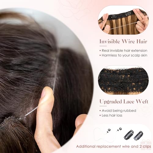 S-noilite Halo Hair Extension Invisible Wire in Real Remy Human Hair Extensions with Clips Adjustable Hidden Wire in Hair Extension for Women 16 inch Medium Brown Highlighted Honey Blonde