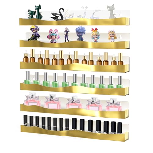 6 Pack Wall Mounted Acrylic Nail Polish Organizer Rack 15 Inch Gold Mirror Nail Polish Shelf with Removable Ends Multi-Purpose Shelf for Essential Oils Cosmetics Storage Display for Salon Bathroom