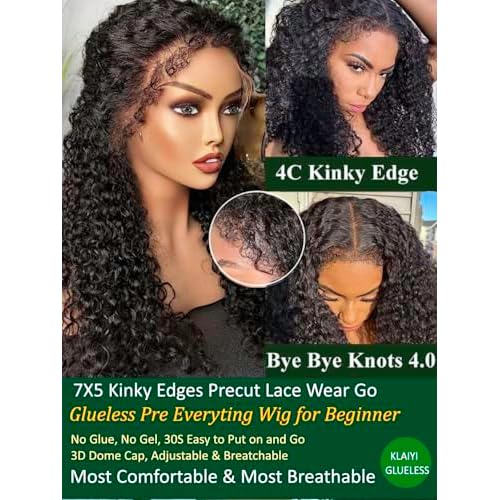 KLAIYI Kinky Edges Curly Bye Bye Knots Glueless Wig 7x5 Pre Cut Lace Front Wigs Human Hair Pre Bleached Pre Plucked 30 Easy to Wear and Go 4C Deep Wave Ready to Wear Wig with Curly Baby Hair 20Inch
