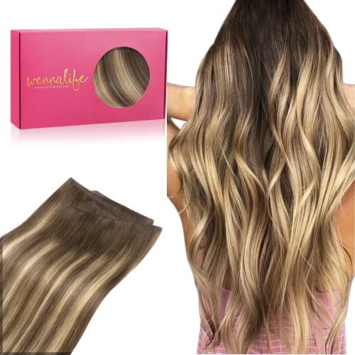 WENNALIFE Sew in Hair Extensions Real Human Hair, 24 Inch 120g Balayage Chocolate Brown to Caramel Blonde Machine Weft Hair Extensions Remy Hair Hand Tied Weft