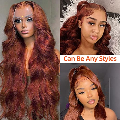 Avolo Reddish Brown Lace Front Wigs Human Hair Pre Plucked 13x4 HD Transparent Body Wave Auburn Colored Wig Glueless Frontal 32 Inch, 1.0 Count