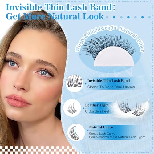 KEVKEV Wispy Lash Clusters Ultra-Thin Band Natural Eyelash Clusters 8-16mm Soft Cluster Eyelash Extensions Mix Length Ultra-Light Natural Look Natural Lash Clusters DIY Lash At Home(Wispy03)