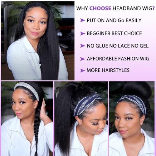 Headband Wig Human Hair Kinky Straight 26 Inch Yaki Straight Headband Wig 200% Density Glueless None Lace Front Wigs for Women Machine Made Wear and Go Wigs Headband Half Wigs Natural Color