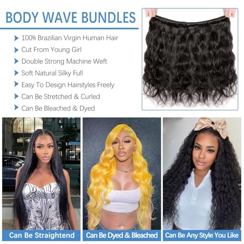 12A Human Hair Bundles 20 22 24 26 Inch Body Wave Bundles Human Hair 100% Unprocessed Brazilian Virgin Weave 4 Bundle for Women Natural Black Real Body Wavy Human Hair Extensions