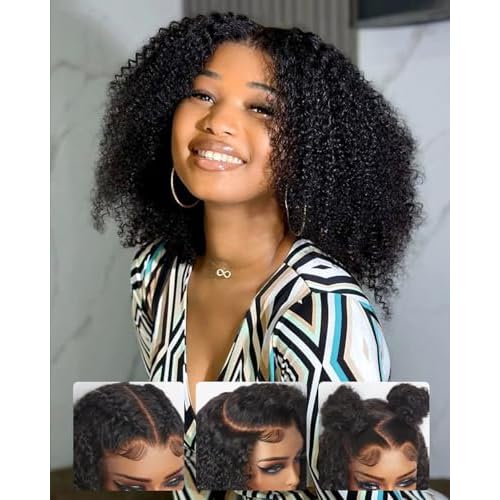 Kinkycurly Wig Human Hair 200 Density HD Lace 9x6 Afro Kinky Curly Ready to Wear Glueless Wigs Human Hair Pre Plucked Pre Cut Deep Parting Closure Wigs Glueless Wig for Black Women 18 Inch