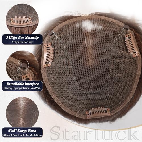starluck Real Human Hair Toppers 6"x5" SilkHug & Swiss Base (60g) Brown with Thinning Hair Topper no Bangs-14 Inch