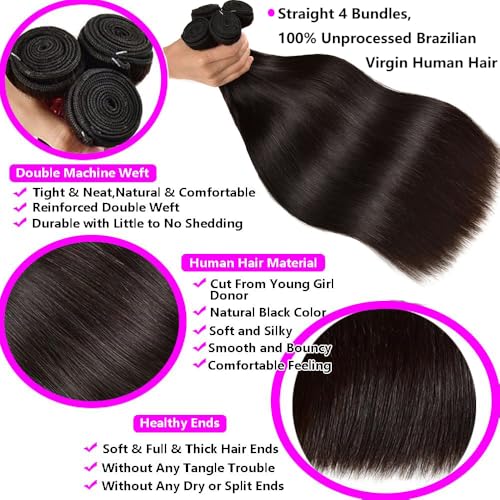 12A Straight Bundles Long Human Hair Bundles Brazilian Virgin Straight Weave 4 Bundles Natural Black Human Hair Bundles Deals Remy Human Hair Extensions for Black Women (22 24 26 28 Inch)