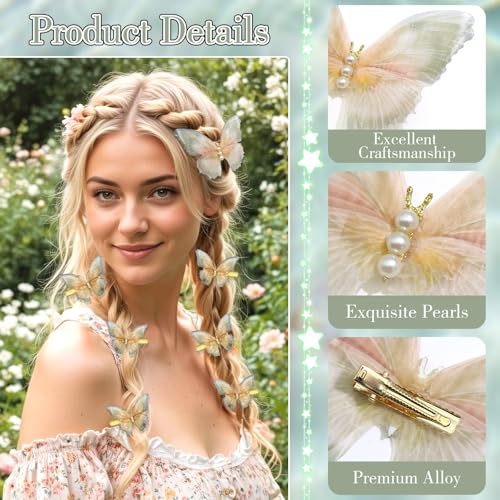8Pcs Tulle Rhinestone Butterfly Hair Clips Moving Wings Butterflies Hair Barrettes for Girls Y2K Glitter Hairpins Cute Butterfly Claw Clips Fairy Accessories for Women Thick Thin Hair