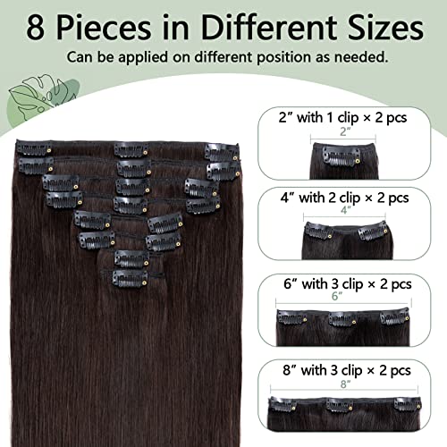 S-noilite Human Hair Extensions for Women - Standard Weft Clip in Brown Hair Full Head 8 Pieces 18 Clip 100% Real Human Hair 24"-120g Dark Brown (#2)