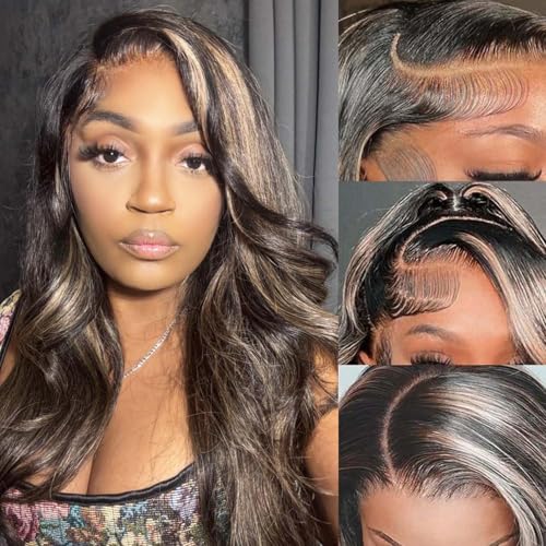 Ombre Lace Front Wig - Human Hair, 30inch FB/27, Balayage Highlight, Body Wave, Blonde Highlight, 200 Density