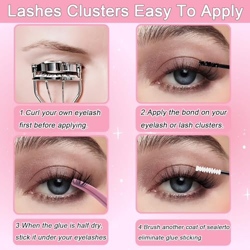 Lash Clusters Kit, Eyelash Clusters Individual Lash Extension Kit 480 Pcs D Curl Fluffy Wispy False Eyelashes Extensions Thin Band with Bond Seal Tweezers Brush Removers (30D+40D KIT 9-16mm)