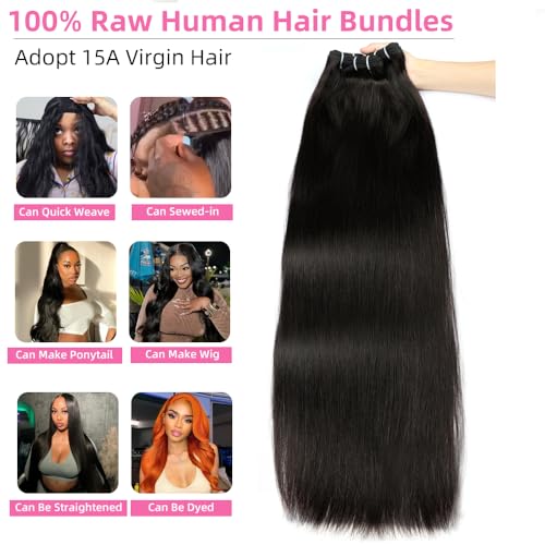 15A Raw Bundles Human Hair 18 20 22 Inch Straight Bundles Human Hair 100% Unprocessed Virgin Straight Weave 3 Bundles Quick Weave Hair Extensions Natural Black Color