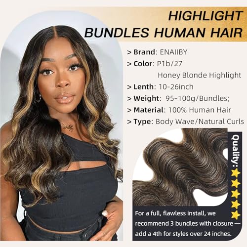 Honey Blonde Bundles Human Hair, Highlighted Black and Blonde Bundles Body Wave Balayage Colored 12A 100% Brazilian Virgin Remy Human Hair 1b/27 Ombre Loose Wavy Sew In Weave 18 20 22 Inch