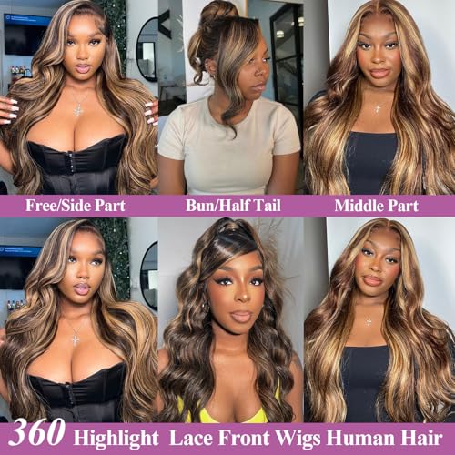 Ombre Honey Blonde 360 Lace Front Wigs Human Hair Drawstring Highlight Body Wave Lace Front Wigs Human Hair Pre Plucked 360 HD Full Lace Wig 180 Density Frontal Glueless Wigs for Women 28 Inch
