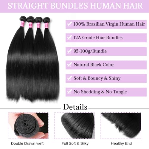 Beautymoon 3 Bundles Human Hair 26 28 30 Inch Long Straight Human Hair Bundles 100% Unprocessed Brazilian Virgin Straight Hair Extensions for Black Women Natural Color
