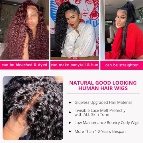 QinMei 13x6 Lace Front Wigs Human Hair Deep Curly Lace Frontal Wigs Human Hair for Black Women Wet and Wavy Glueless Wigs Human Hair Pre Plucked with Baby Hair Natural Color 28 Inch