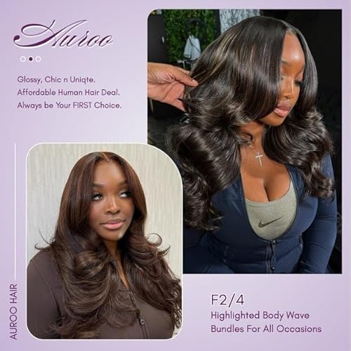 Brown Highlight 3 Bundles with 2x6 Closure Body Wave Human Hair 18 20 22+16 In, 12A Thick #F4/2 Dark Brown with Chestnut Highlight Human Hair Bundles and 2x6 Hd Lace Kim K Closure Long Deep Part