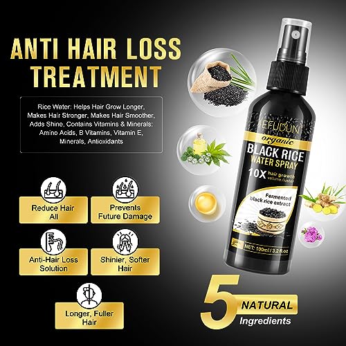 Organic Black Rice Water Spray for Hair Growth, A Solution with Castor Oil & Ginger Root Extract for Thicker, Fuller Hair, Targets Hair Loss and Repairs Damage 200ml/6.4 fl.oz (2 PC)
