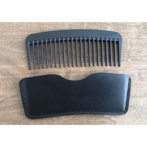 Chicago Comb Model 10 Carbon Fiber + Black Horween Leather Sheath, Wide Tooth, Made in USA