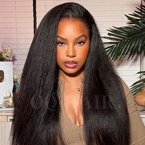 OQ HAIR 9x6 M-Cap Kinky Straight Wear Go Glueless Wig Human Hair Pre Plucked Pre Cut 180% Density Yaki Straight Glueless Wig HD Lace Pre Bleached Tiny Knots Human Hair Wigs For Women 22 Inch