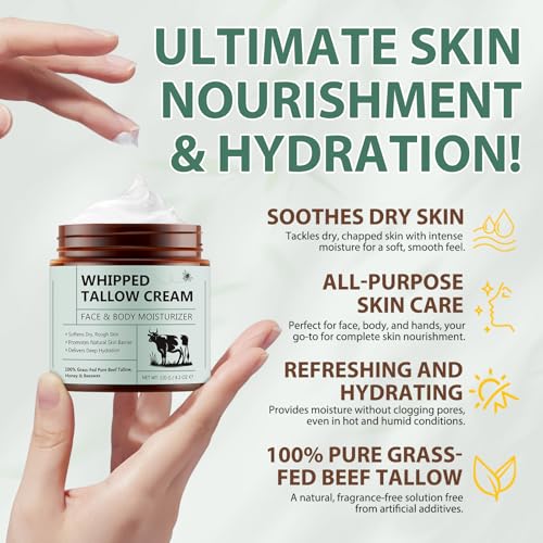 NIFEISHI Beef Tallow for Skin, 2pcs Organic Beef Tallow Moisturizer, Grass Fed Beef Tallow for Face and Body with Honey Beeswax, Deeply Moisturizing Unscented Fast Absorption 4.2oz