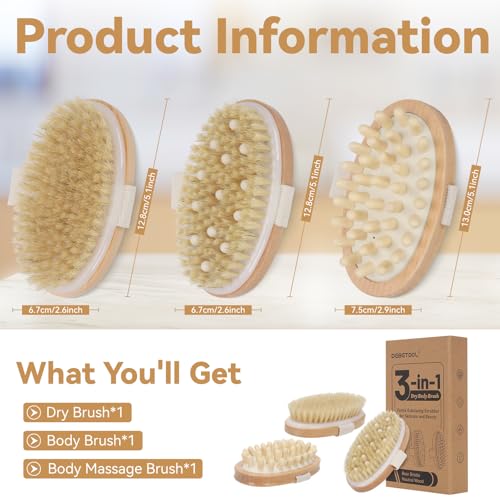 3-Pack Dry Body Brush with Massage Brush Exfoliating Dry Brushing Body Brush for Lymphatic Drainage, Natural Boar Bristle Dry Brush for Body Cellulite Improving Blood Circulation