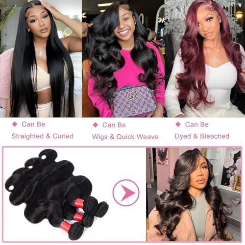 Douyin Brazilian Body Wave 4 Bundles Human Hair 22 24 26 28 Inch 12A 100% Unprocessed Virgin Human Hair Weave Bundles Deal Natural Black Color (22 24 26 28)