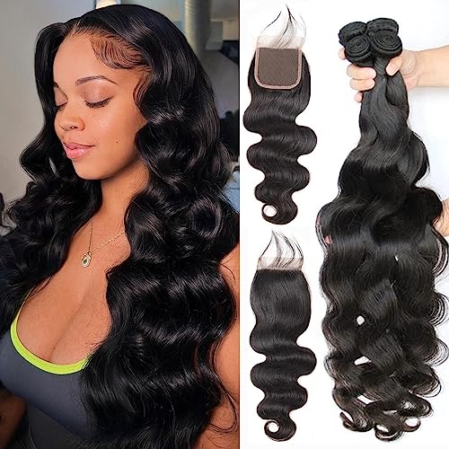 Body Wave 4 Bundles with Closure 100% Unprocessed Brazilian Body Wave Human Hair Weave with 4x4 Free Part Lace Closure Natural Color (18 20 22 24+16 Inch)